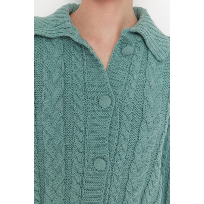 Women Modern Style Casual Long Polo Neck Knitted Sleeve Crop Sweater Cardigan