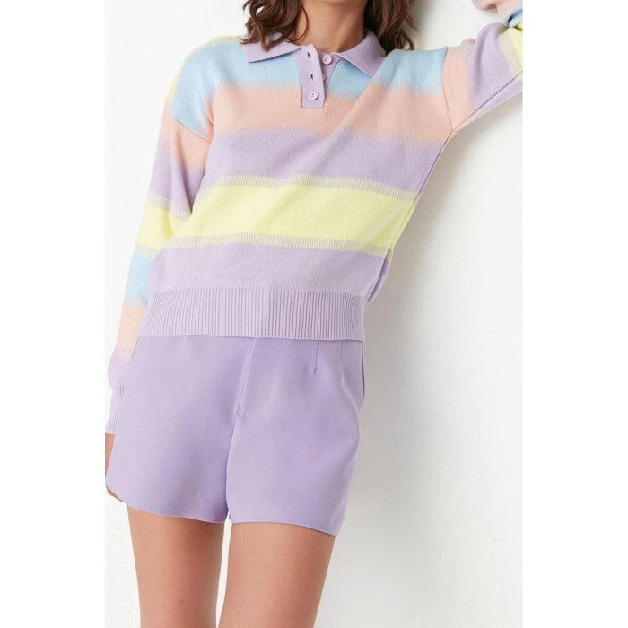 Womens Modern Style Casual Long Polo Neck Color Block Sleeve Regular Knit Sweater