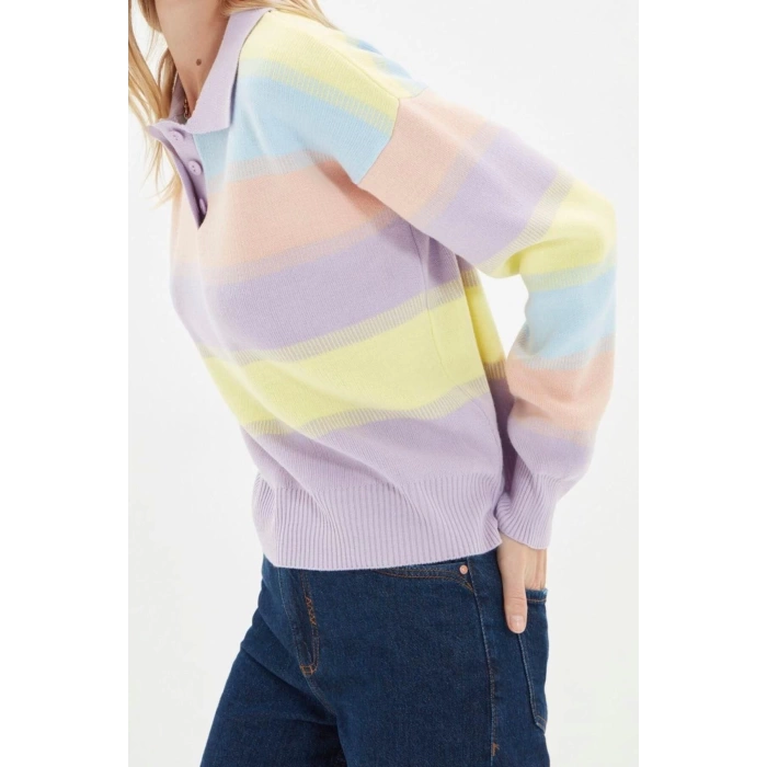 Womens Modern Style Casual Long Polo Neck Color Block Sleeve Regular Knit Sweater