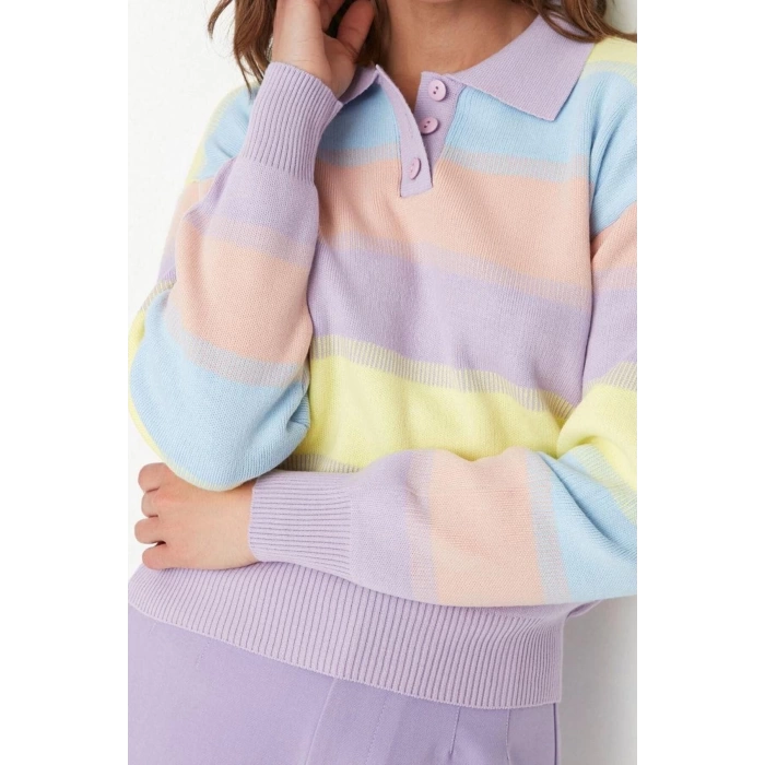Womens Modern Style Casual Long Polo Neck Color Block Sleeve Regular Knit Sweater