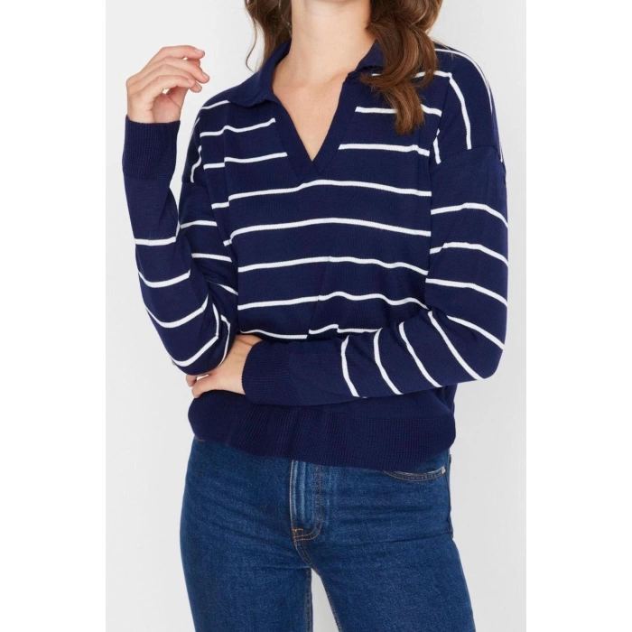 Womens Modern Style Comfortable Long Polo Neck Striped Sleeve Regular Knitwear Sweater