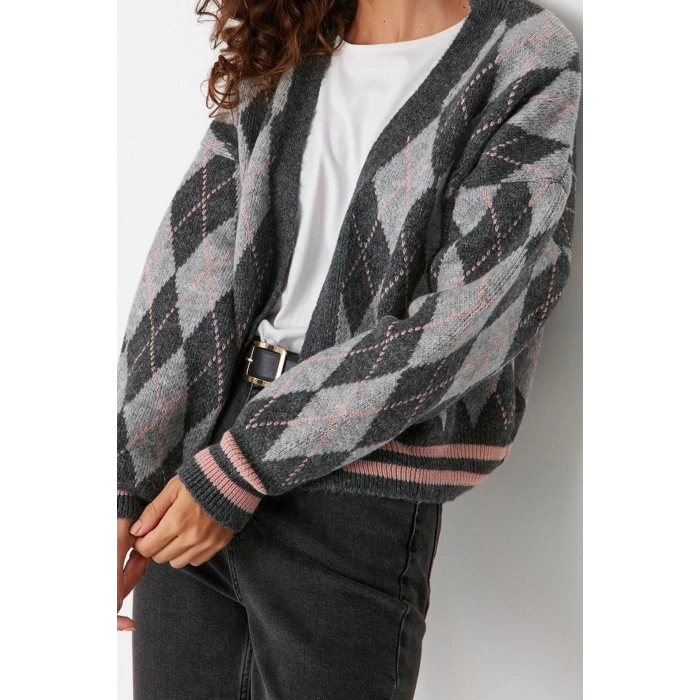 Womens Modern Style Comfortable Long V Neck Diamond Sleeve Regular Knitwear Cardigan