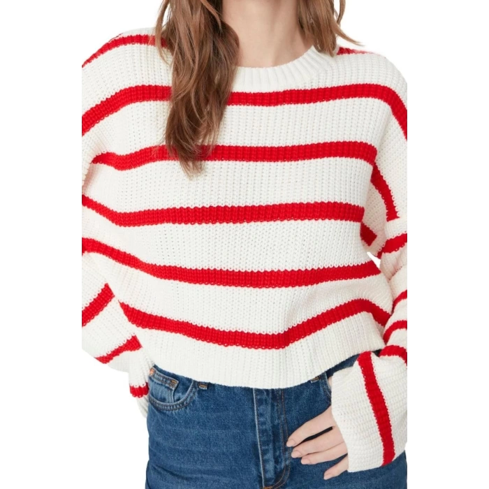 Womens Modern Style Casual Long Crew Neck Striped Sleeve Crop Knitwear Sweater