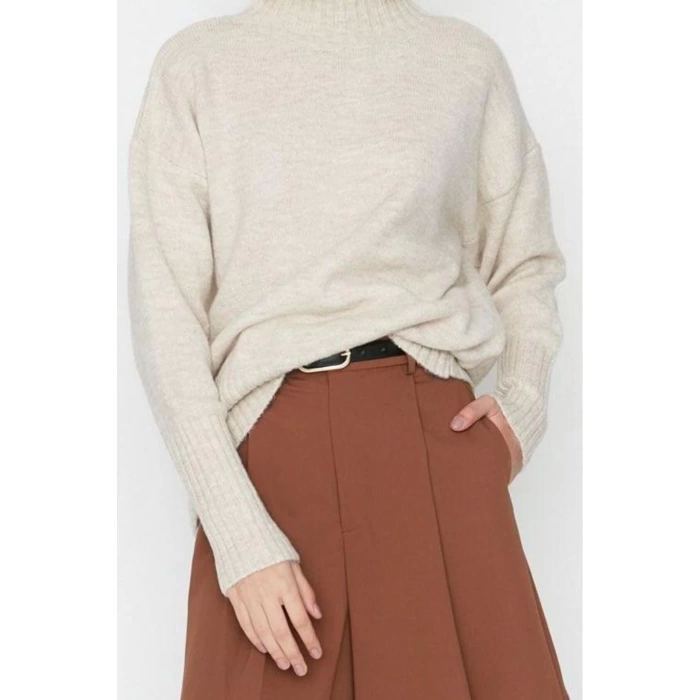 Womens Modern Style Comfortable Long Stand Collar Plain Sleeve Regular Knitwear Sweater