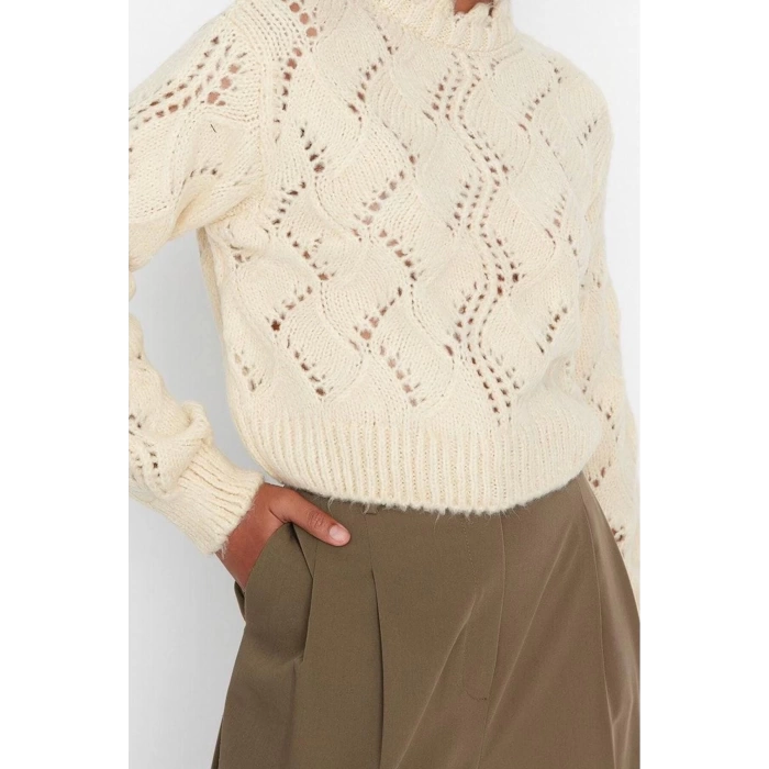 Womens Modern Style Comfortable Long Stand Collar Openwork Sleeve Crop Knitwear Sweater