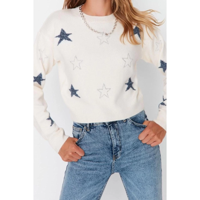 Women Modern Style Casual Long Crew Neck Geometric Sleeve Crop Knitwear Sweater
