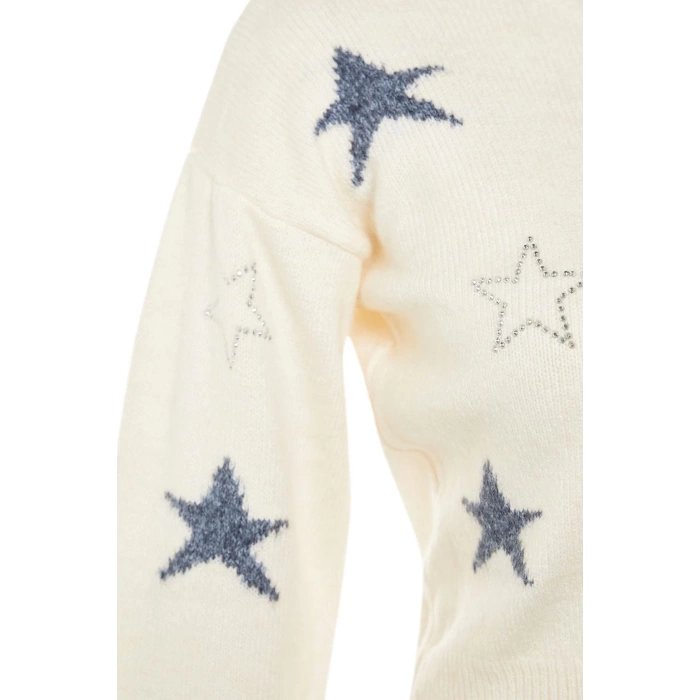 Women Modern Style Casual Long Crew Neck Geometric Sleeve Crop Knitwear Sweater