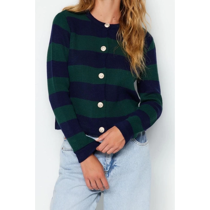 Womens Modern Style Casual Long Crew Neck Striped Sleeve Regular Knitwear Cardigan
