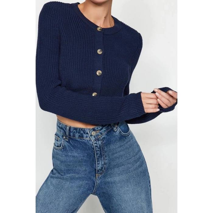 Womens Modern Style Casual Long Crew Neck Plain Sleeve Crop Knitwear Cardigan