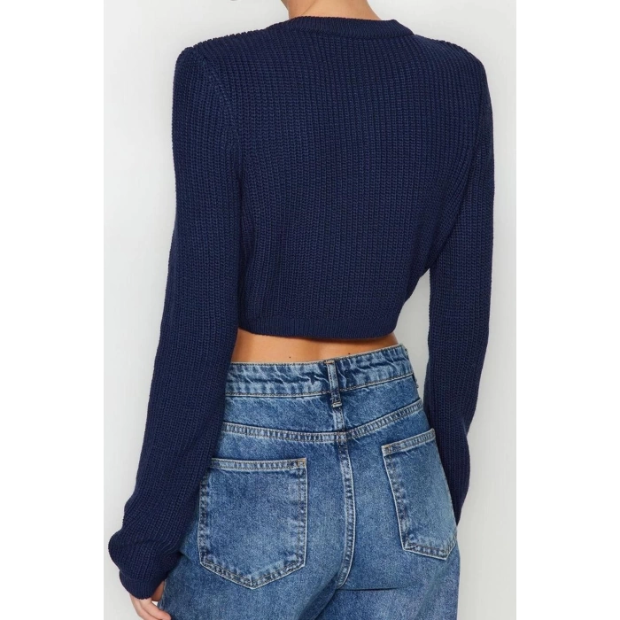 Womens Modern Style Casual Long Crew Neck Plain Sleeve Crop Knitwear Cardigan