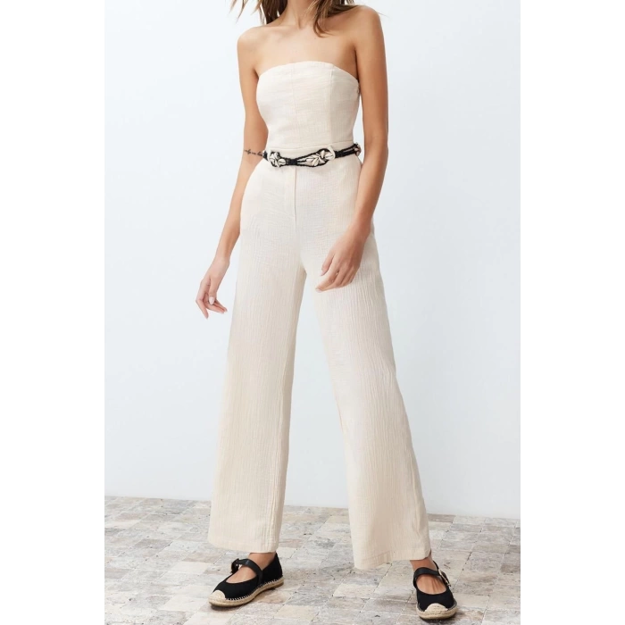 Kadın Moda Standart Kol Boru Paça Straplez Uzun Straplez Yaka Keten Görünümlü Maxi Dokuma Tulum