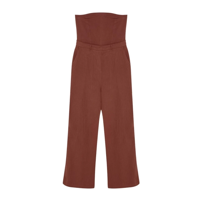 Kadın Moda Standart Kol Boru Paça Straplez Uzun Straplez Yaka Keten Görünümlü Maxi Dokuma Tulum