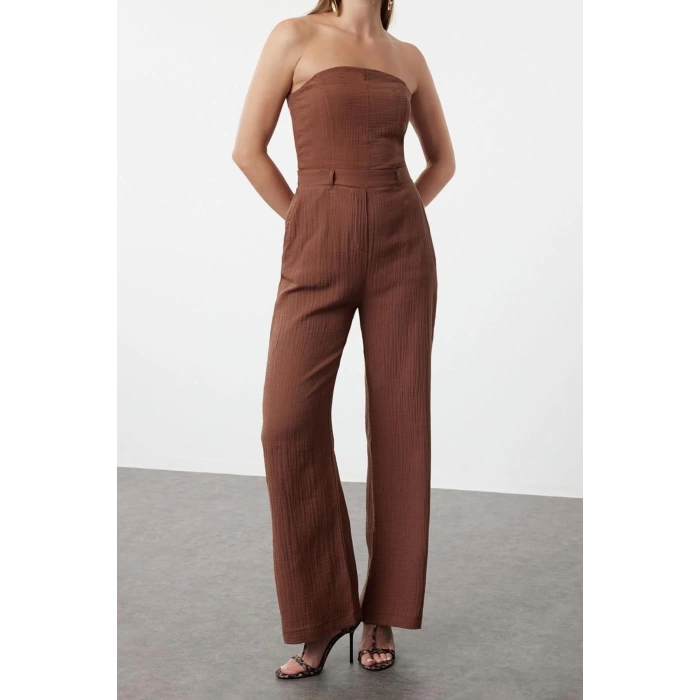 Kadın Moda Standart Kol Boru Paça Straplez Uzun Straplez Yaka Keten Görünümlü Maxi Dokuma Tulum