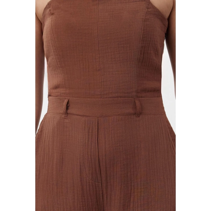 Kadın Moda Standart Kol Boru Paça Straplez Uzun Straplez Yaka Keten Görünümlü Maxi Dokuma Tulum