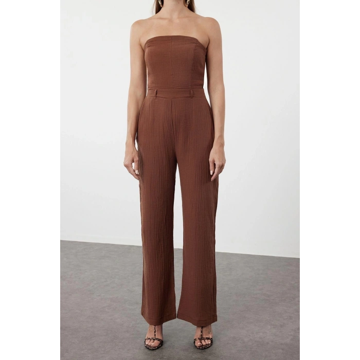 Kadın Moda Standart Kol Boru Paça Straplez Uzun Straplez Yaka Keten Görünümlü Maxi Dokuma Tulum