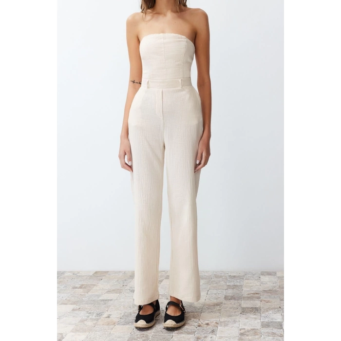 Kadın Moda Standart Kol Boru Paça Straplez Uzun Straplez Yaka Keten Görünümlü Maxi Dokuma Tulum