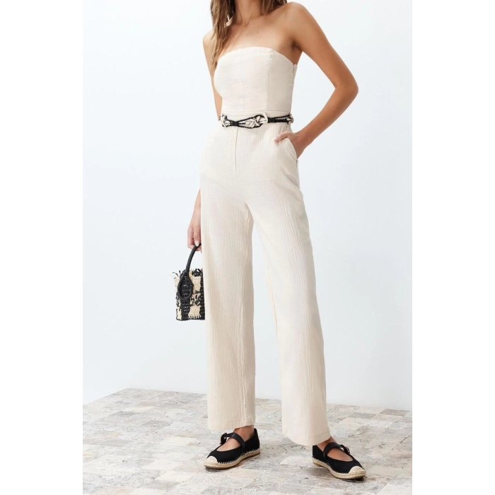 Kadın Moda Standart Kol Boru Paça Straplez Uzun Straplez Yaka Keten Görünümlü Maxi Dokuma Tulum