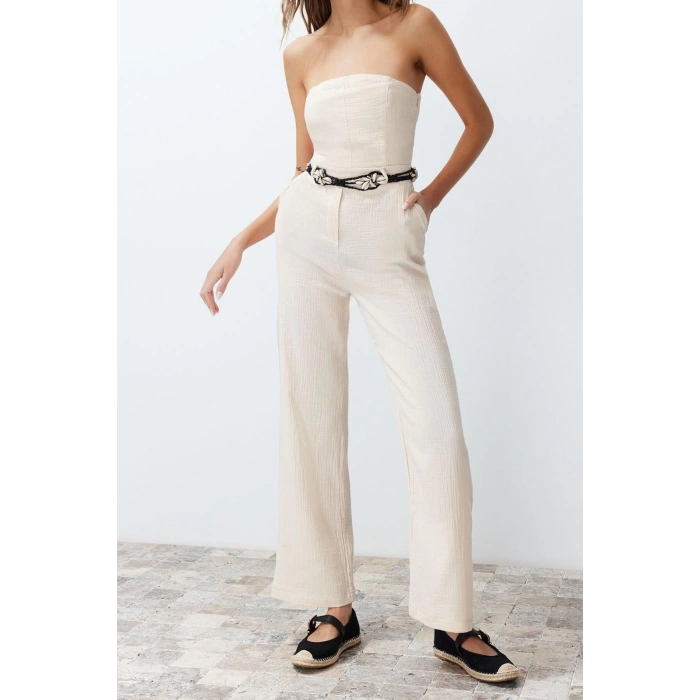 Kadın Moda Standart Kol Boru Paça Straplez Uzun Straplez Yaka Keten Görünümlü Maxi Dokuma Tulum