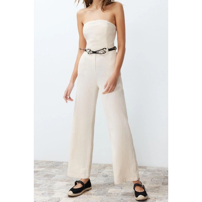 Kadın Moda Standart Kol Boru Paça Straplez Uzun Straplez Yaka Keten Görünümlü Maxi Dokuma Tulum