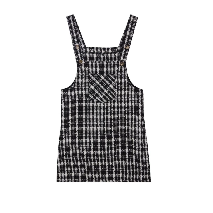 Fashion Style Fitted Square Neck Mini Length Woven Plaid Patterned Vest Dress