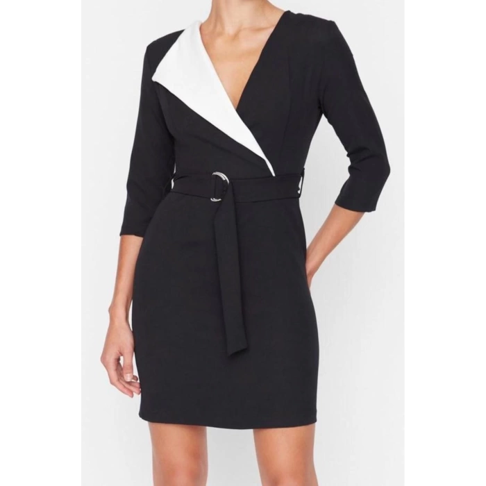 Fashion Style Regular Jacket Collar Mini Length Belted Double Breasted Woven Dress