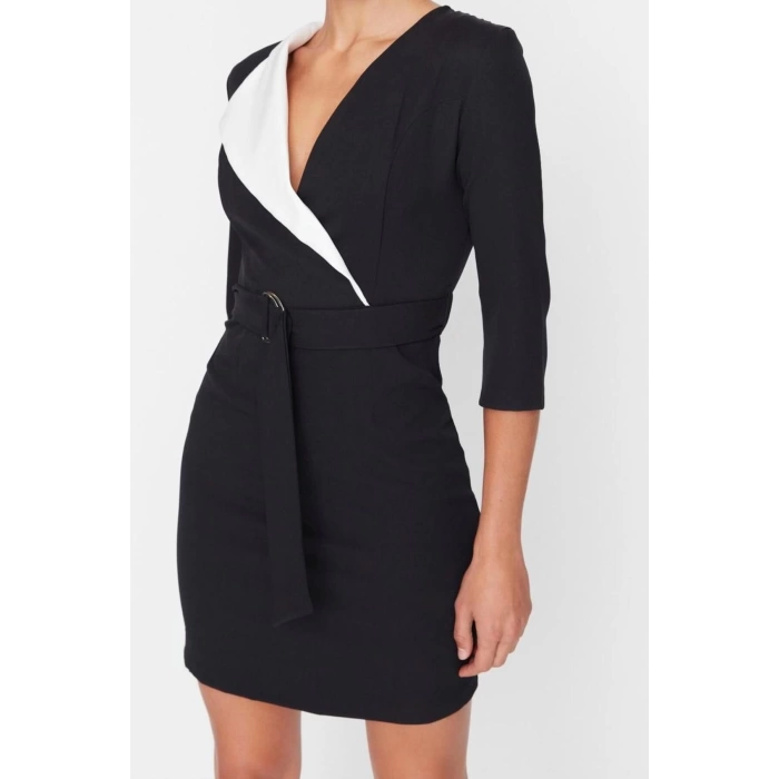 Fashion Style Regular Jacket Collar Mini Length Belted Double Breasted Woven Dress