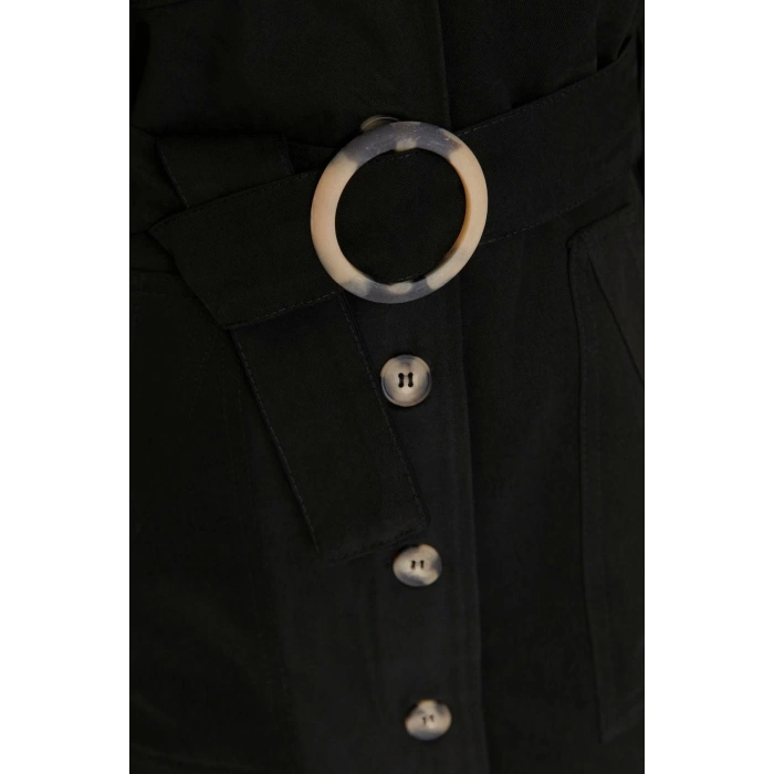 Moda Stil Regular Ceket Yaka Mini Boy Bağlama Detaylı Dokuma Elbise