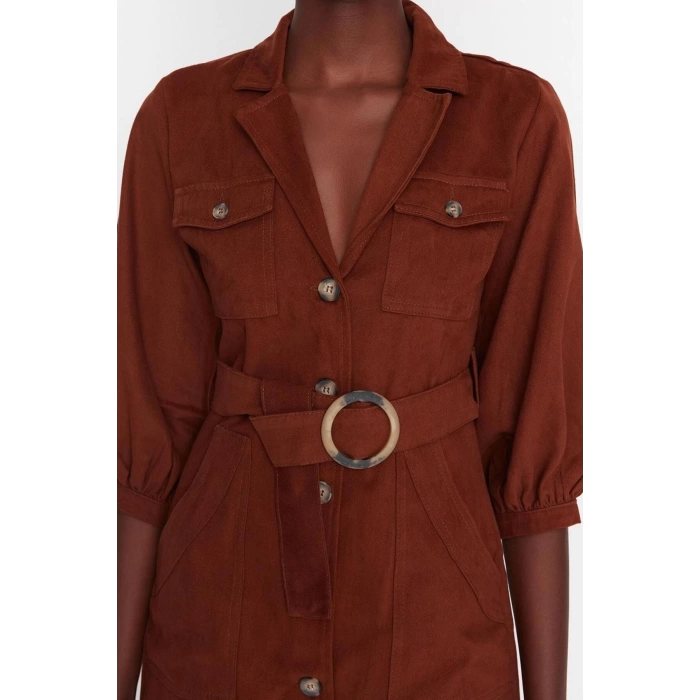 Moda Stil Regular Ceket Yaka Mini Boy Bağlama Detaylı Dokuma Elbise