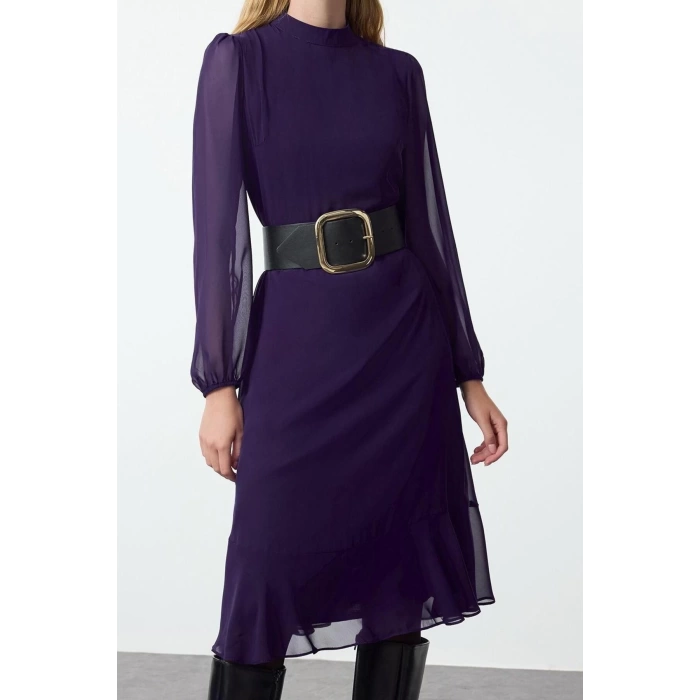 Fashion Style Regular Stand Collar Midi Length Plain Woven Winter Dress