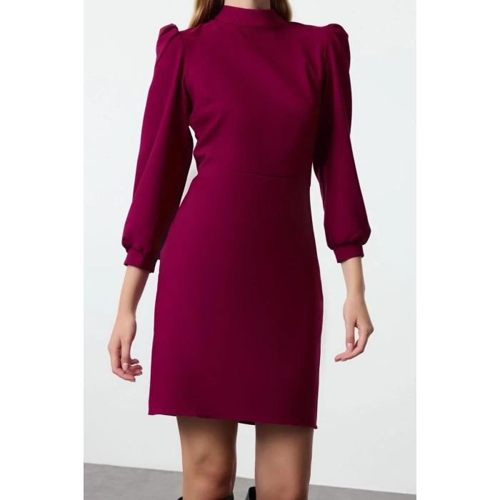 Moda Stil Regular Dik Yaka Mini Boy Vücudu Saran Dokuma Elbise