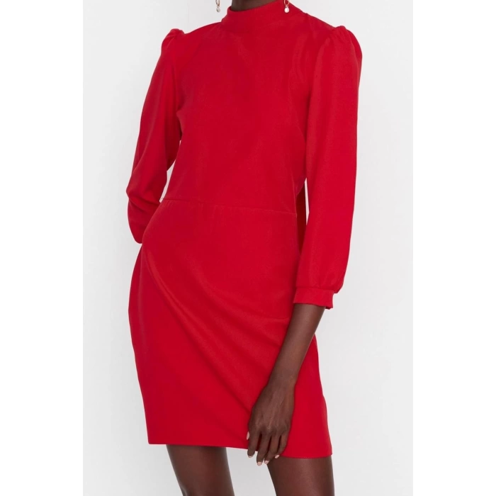 Moda Stil Regular Dik Yaka Mini Boy Vücudu Saran Dokuma Elbise