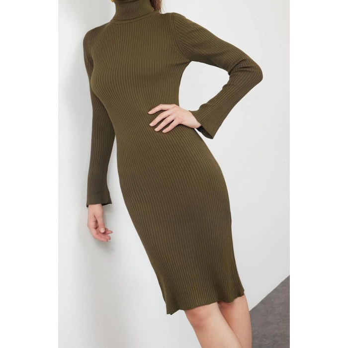 Moda Stil Slim Balıkçı Yaka Mini Boy Triko Kolları Volanlı Elbise