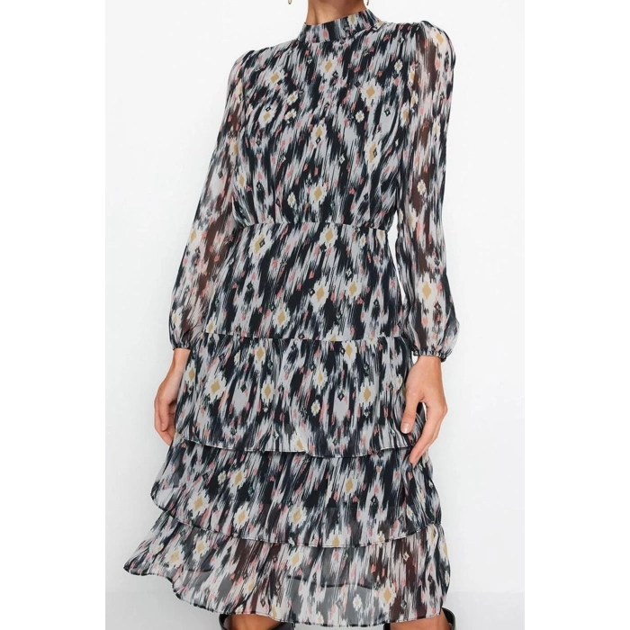 Fashion Style Regular Crew Neck Midi Length Flounce Woven Winter Dress