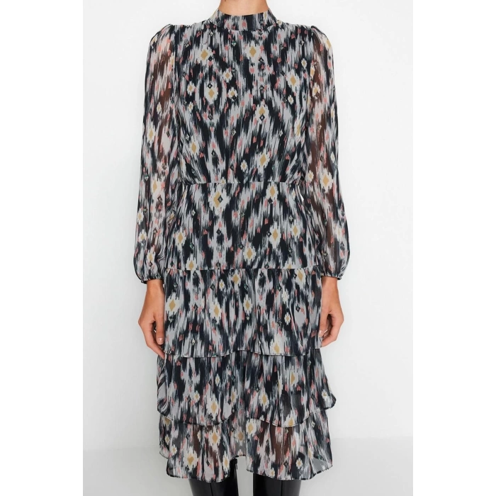 Fashion Style Regular Crew Neck Midi Length Flounce Woven Winter Dress