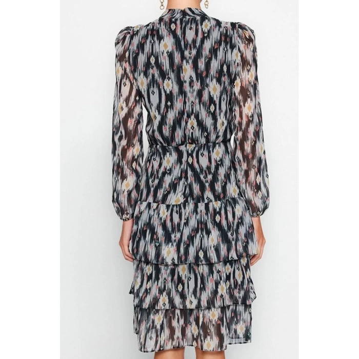 Fashion Style Regular Crew Neck Midi Length Flounce Woven Winter Dress