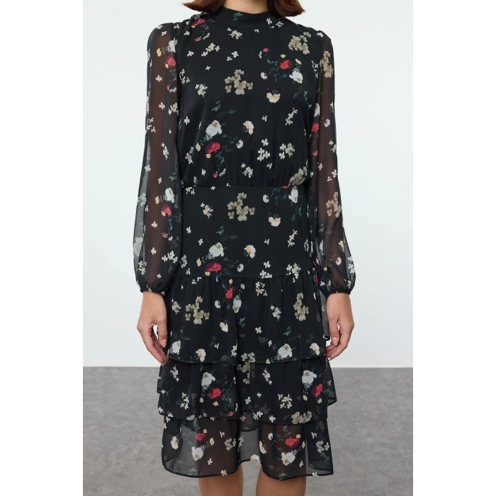 Fashion Style Regular Crew Neck Midi Length Flounce Woven Winter Dress