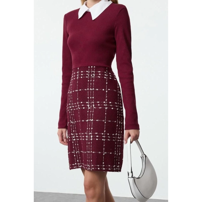 Fashion Style Regular Shirt Collar Mini Length Plaid Checkered Woven Dress