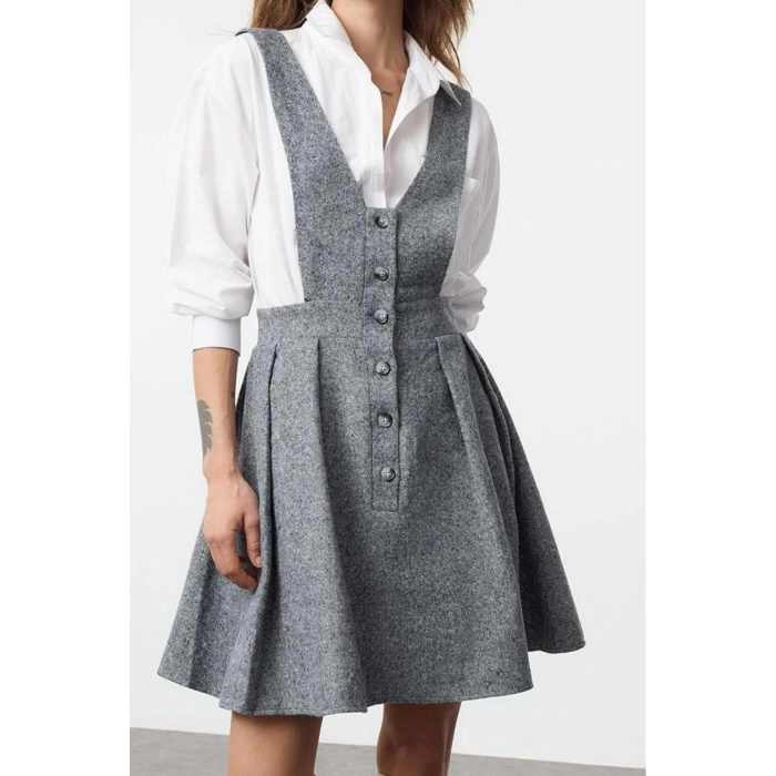 Moda Stil Regular V Yaka Mini Boy Askılı Dokuma Jile Elbise