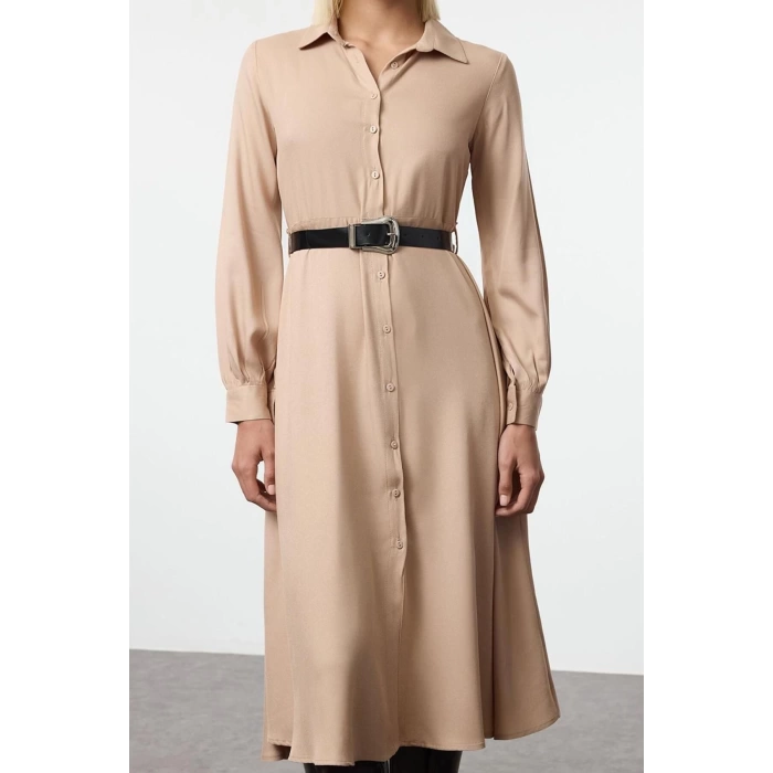 Fashion Style Regular Shirt Collar Midi Length Plain Belted Woven Shirt Dress Woven Dress