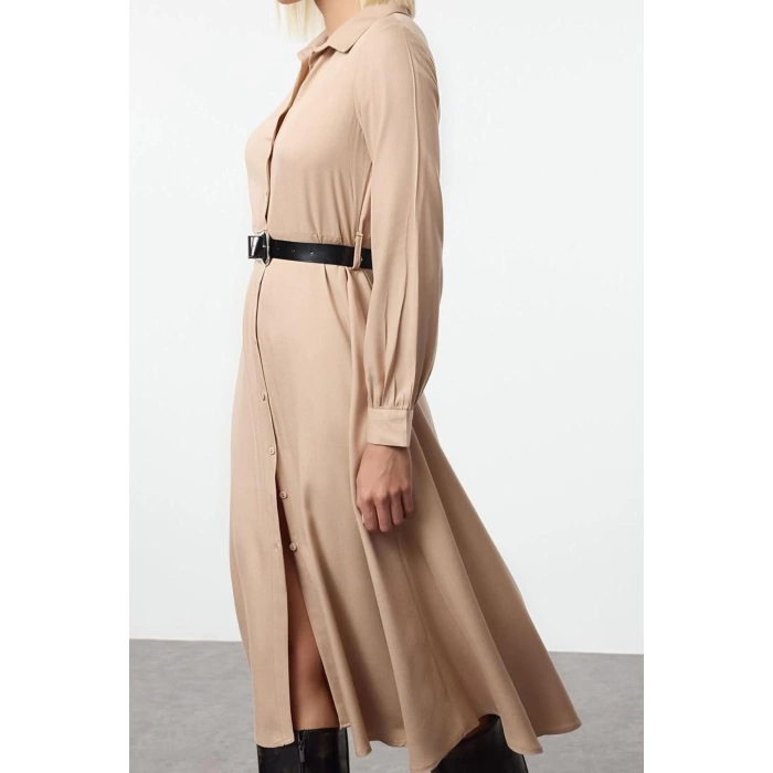 Fashion Style Regular Shirt Collar Midi Length Plain Belted Woven Shirt Dress Woven Dress