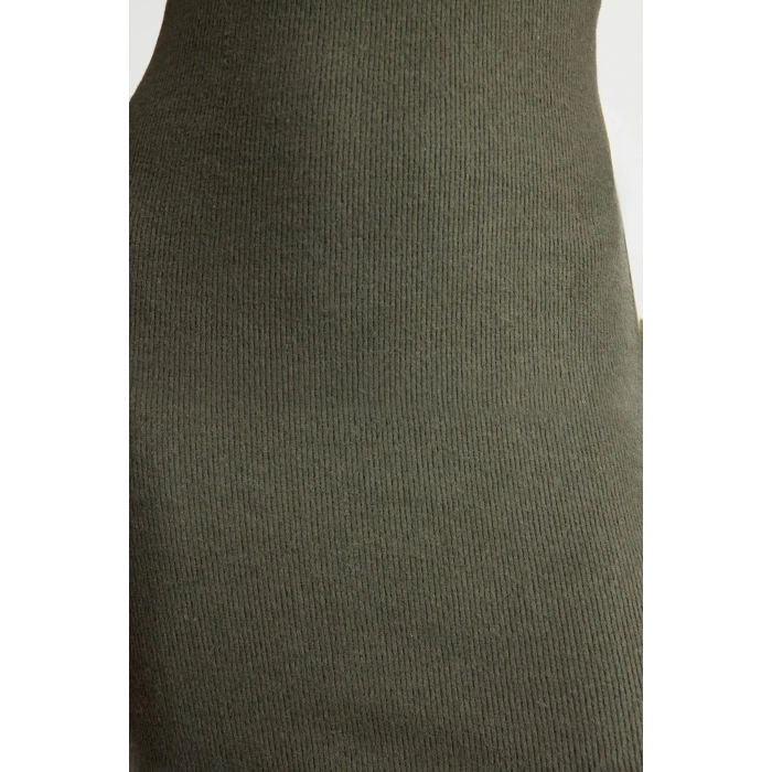 Fashion Style Slim Pool Neck Mini Length Body-Fitting Slit Crew Neck Ribbed Flexible Knit Dress