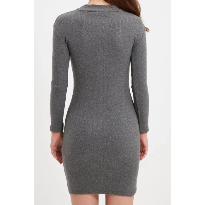 Moda Stil Slim Dik Yaka Mini Boy Vücuda Oturan Fitilli Esnek Örme Kalem Elbise