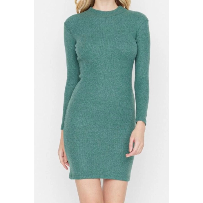 Moda Stil Slim Dik Yaka Mini Boy Vücuda Oturan Fitilli Esnek Örme Kalem Elbise