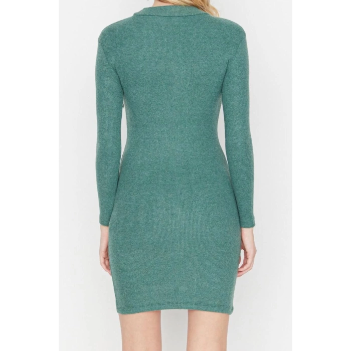 Moda Stil Slim Dik Yaka Mini Boy Vücuda Oturan Fitilli Esnek Örme Kalem Elbise