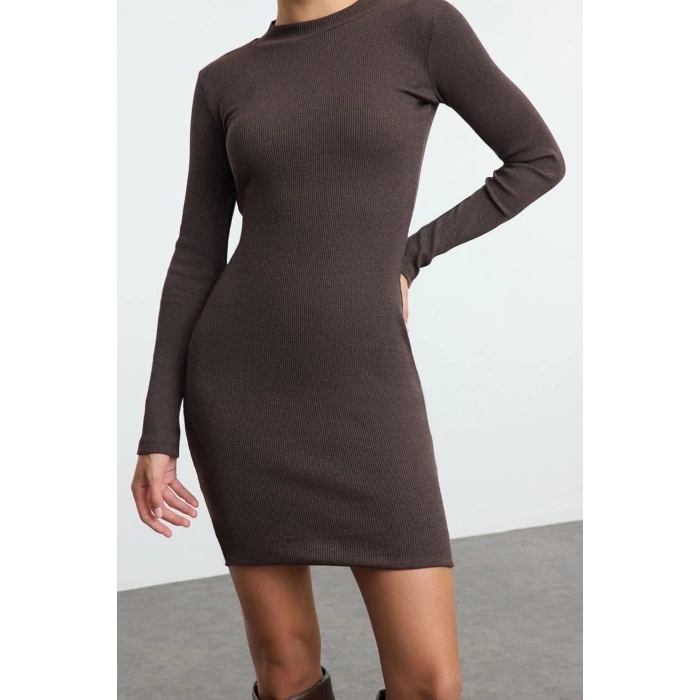 Moda Stil Slim Dik Yaka Mini Boy Vücuda Oturan Fitilli Esnek Örme Kalem Elbise