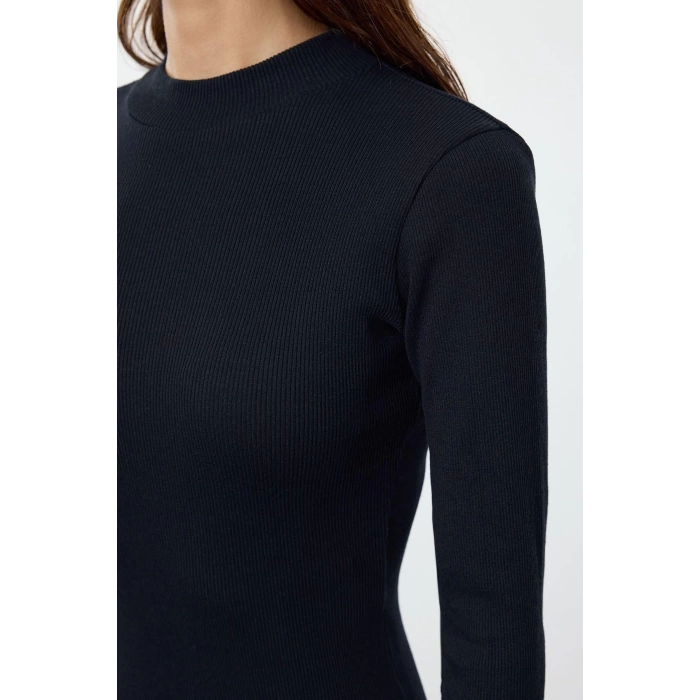 Moda Stil Slim Dik Yaka Mini Boy Vücuda Oturan Fitilli Esnek Örme Kalem Elbise