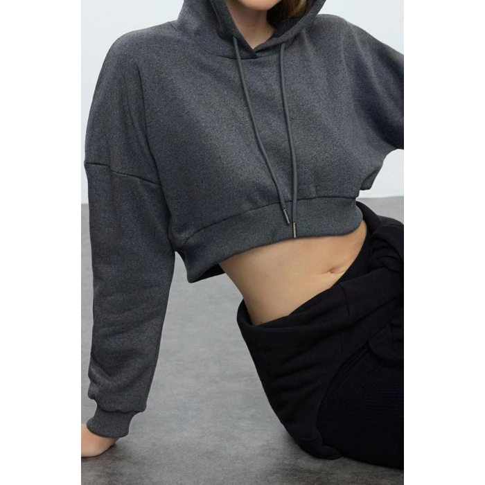 Tarz Regular Kapüşonlu Düşük Kol Crop Pamuklu Crop İçi Polarlı Örme Spor Sweatshirt
