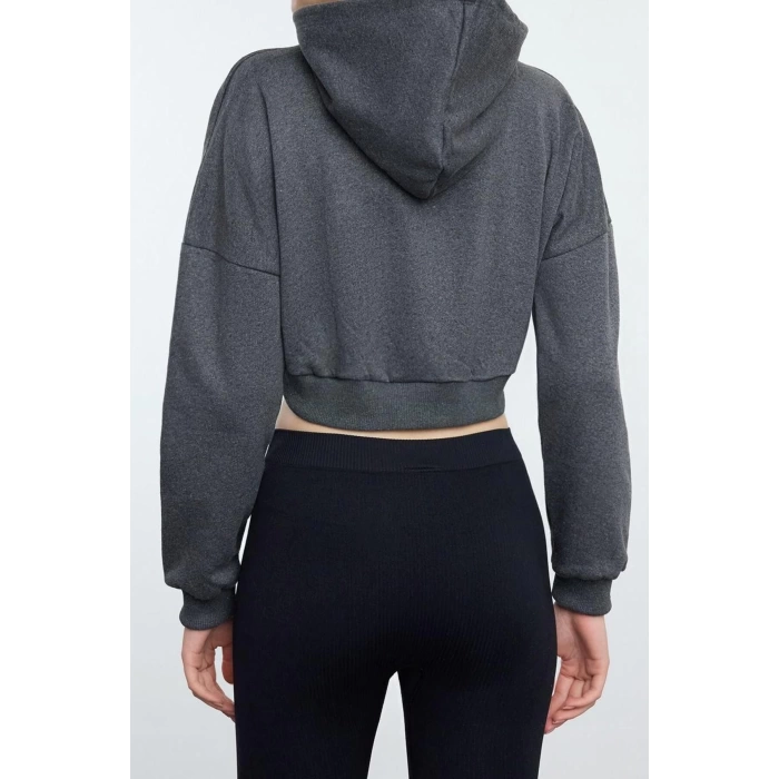 Tarz Regular Kapüşonlu Düşük Kol Crop Pamuklu Crop İçi Polarlı Örme Spor Sweatshirt