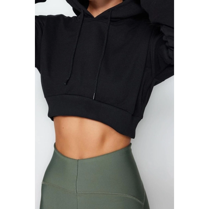 Tarz Regular Kapüşonlu Düşük Kol Crop Pamuklu Crop İçi Polarlı Örme Spor Sweatshirt