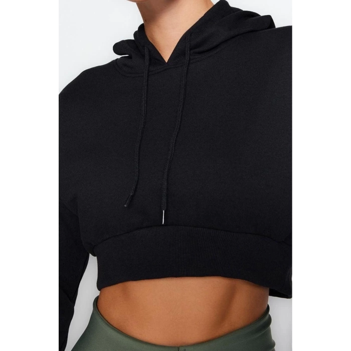 Tarz Regular Kapüşonlu Düşük Kol Crop Pamuklu Crop İçi Polarlı Örme Spor Sweatshirt